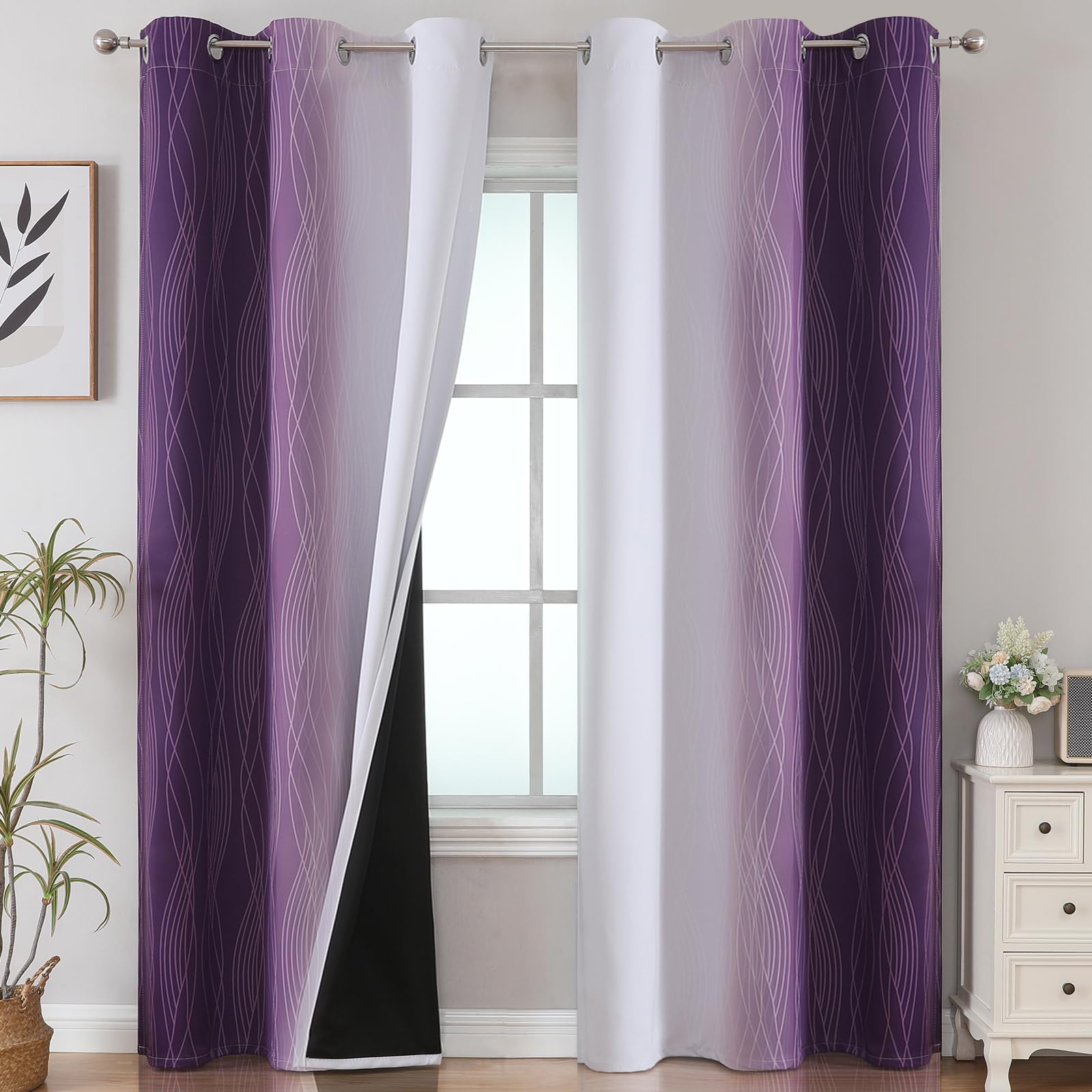 VEHEDE Ombre Blackout Curtains 84 Inch Long for Bedroom, Purple and Greyish White Gradient Thermal Insulated Wave Printed Window Drapes for Living Room, W42 x L84 Inch, 2 Pieces