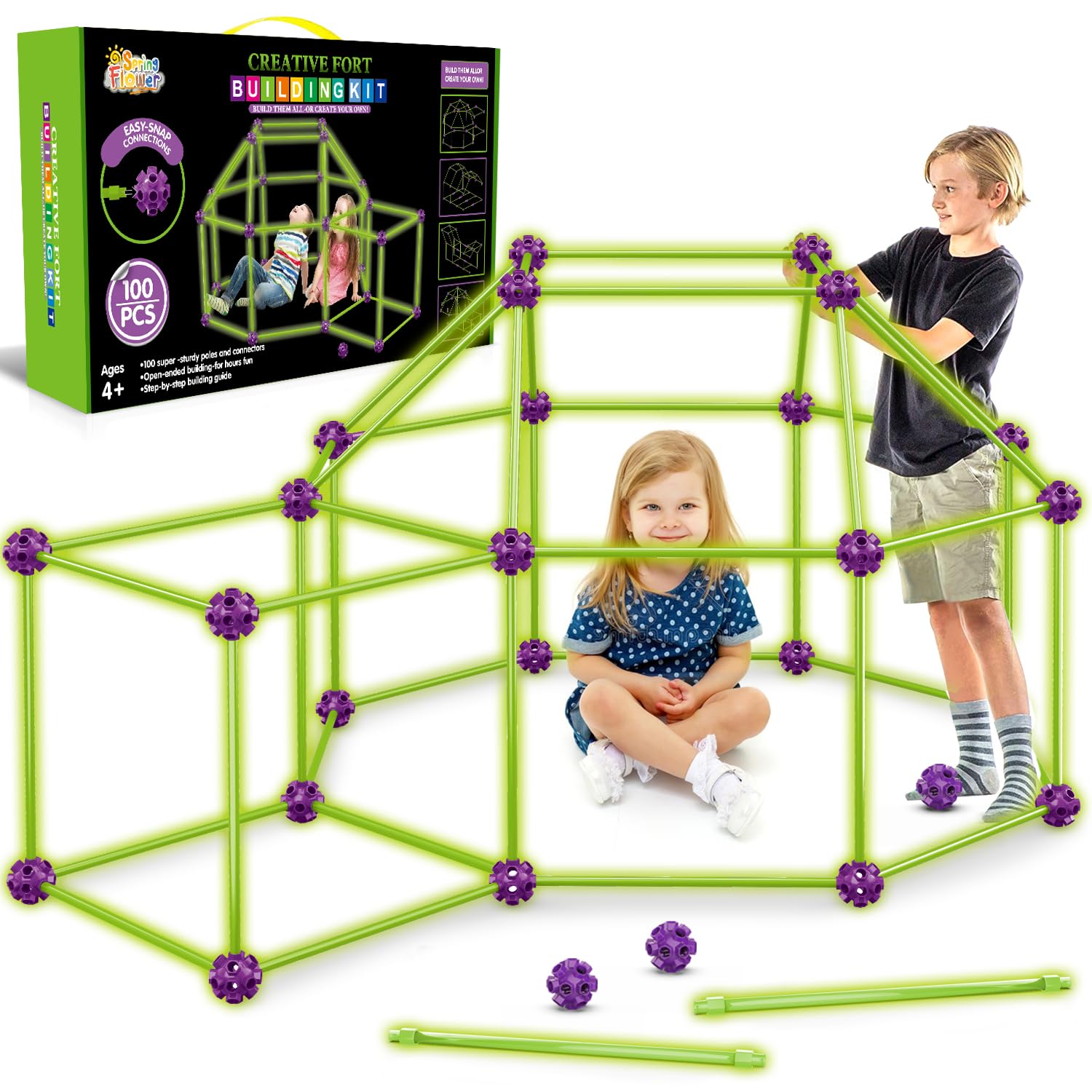 Photo 1 of SpringFlower 100 PCS Glow in The Dark Fort Building Kit for Kids,Educational Gift for 3 4 5 6 7 8 9 10 11 12 Years Old Boys and Girls,STEM Construction Toys