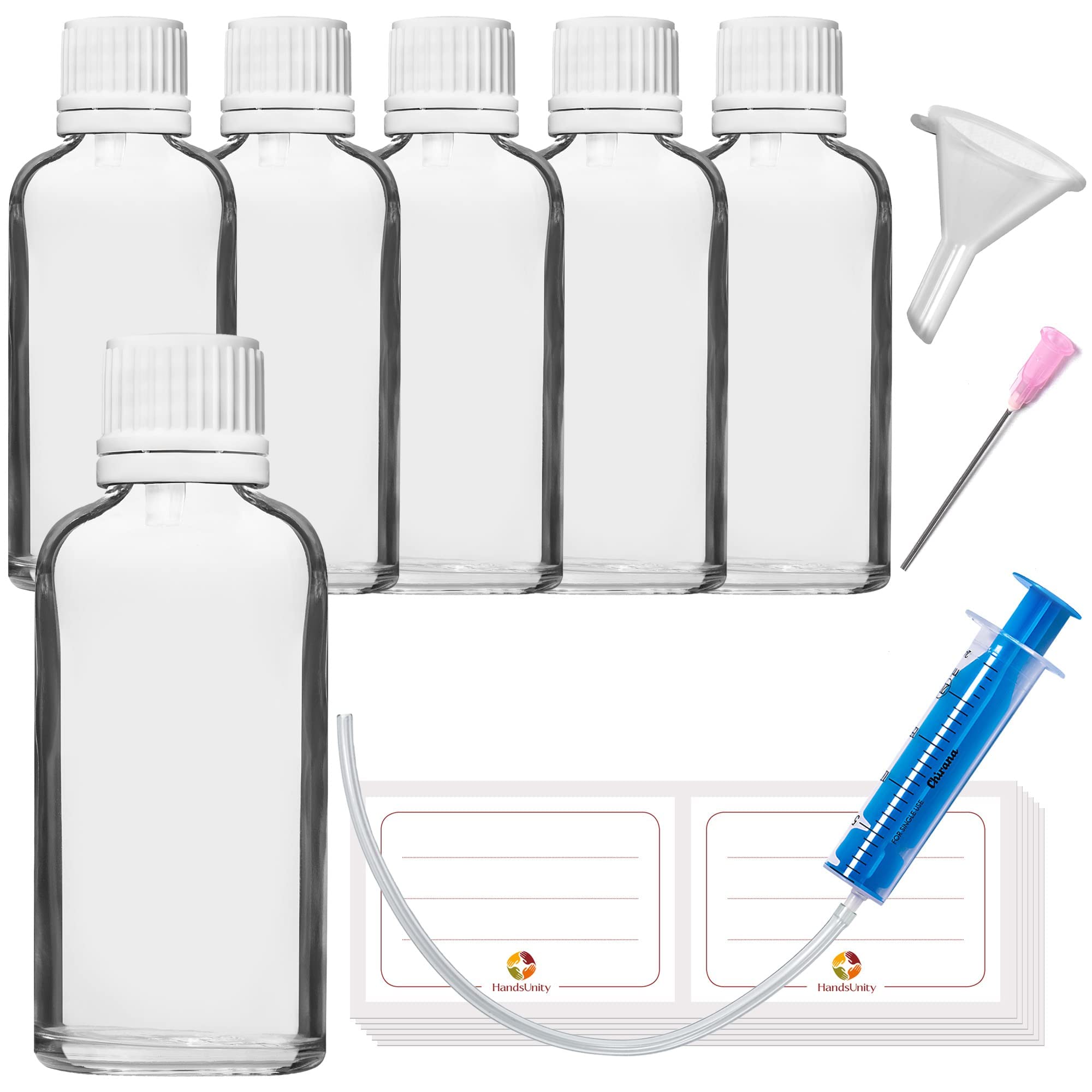 HandsUnity 50ml-6pcs of Dropper Insert Bottle - Small Clear Glass Bottle Apothecary Glass set with White Dropper Insert Cap made of Transparent Glass set including 18 auxiliary Accessories