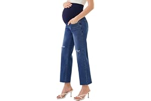 PACBREEZE Women's Maternity Jeans Straight Leg Cuffed Hem Comfy Stretchy Over Belly Denim Pregnancy Pants, S-XXL