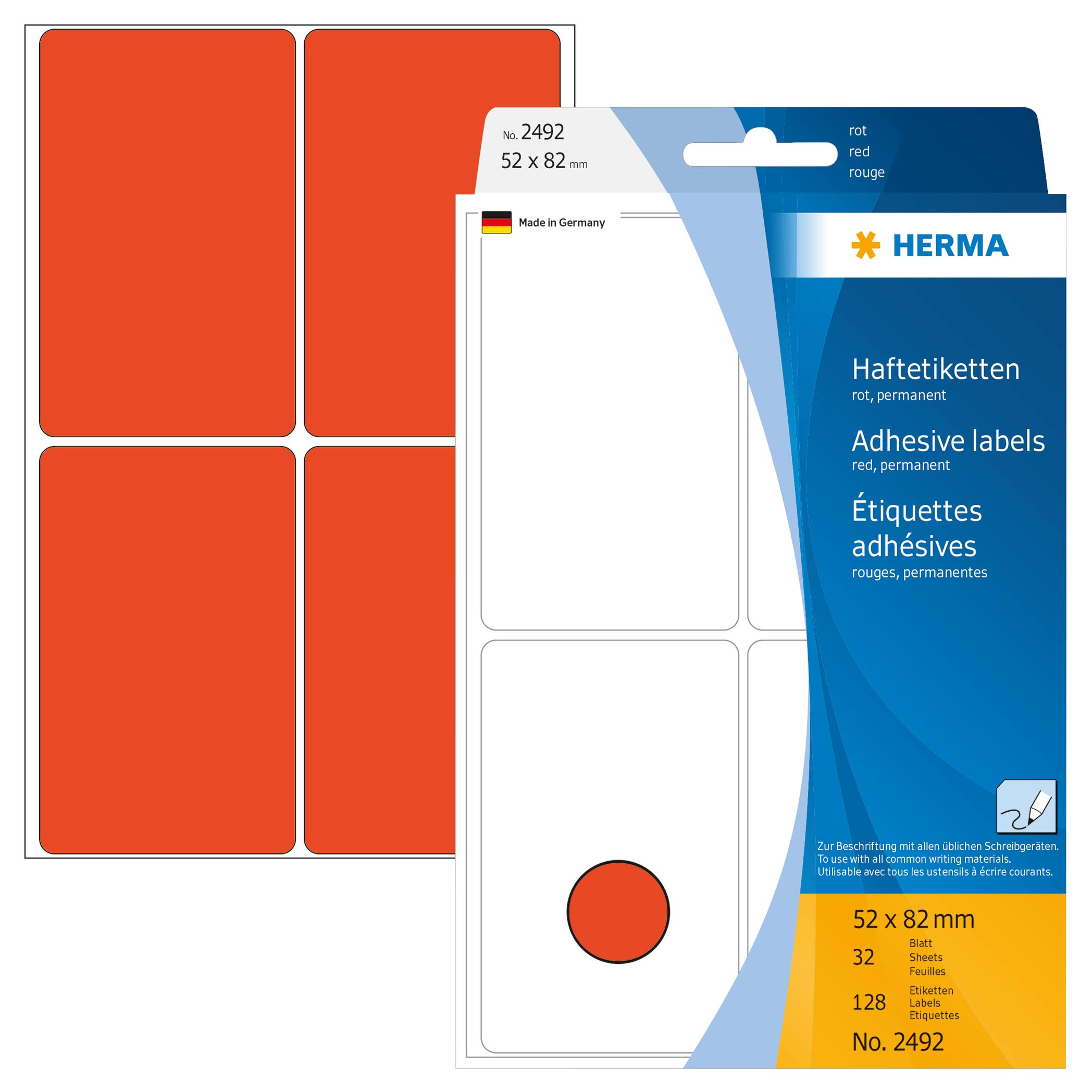HERMA Multi Purpose Labels, 4 Labels per Sheet, 32 Sheets, 52 x 82 mm, 128 Labels, Self Adhesive Large Labels Stickers, Blank Sticky Labels for Office Kitchen Home, Red