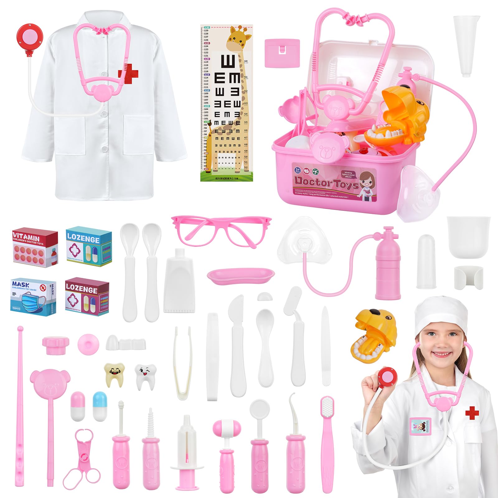 OSDUE Doctors Set for Kids, 64PCS Kids Doctors Kit with Nurses Costume, Kids Doctors Set Case Educational Toys Age 3, Dentist Toys with Simulation Stethoscope, Pretend Doctor Kit Toys Medical Playset