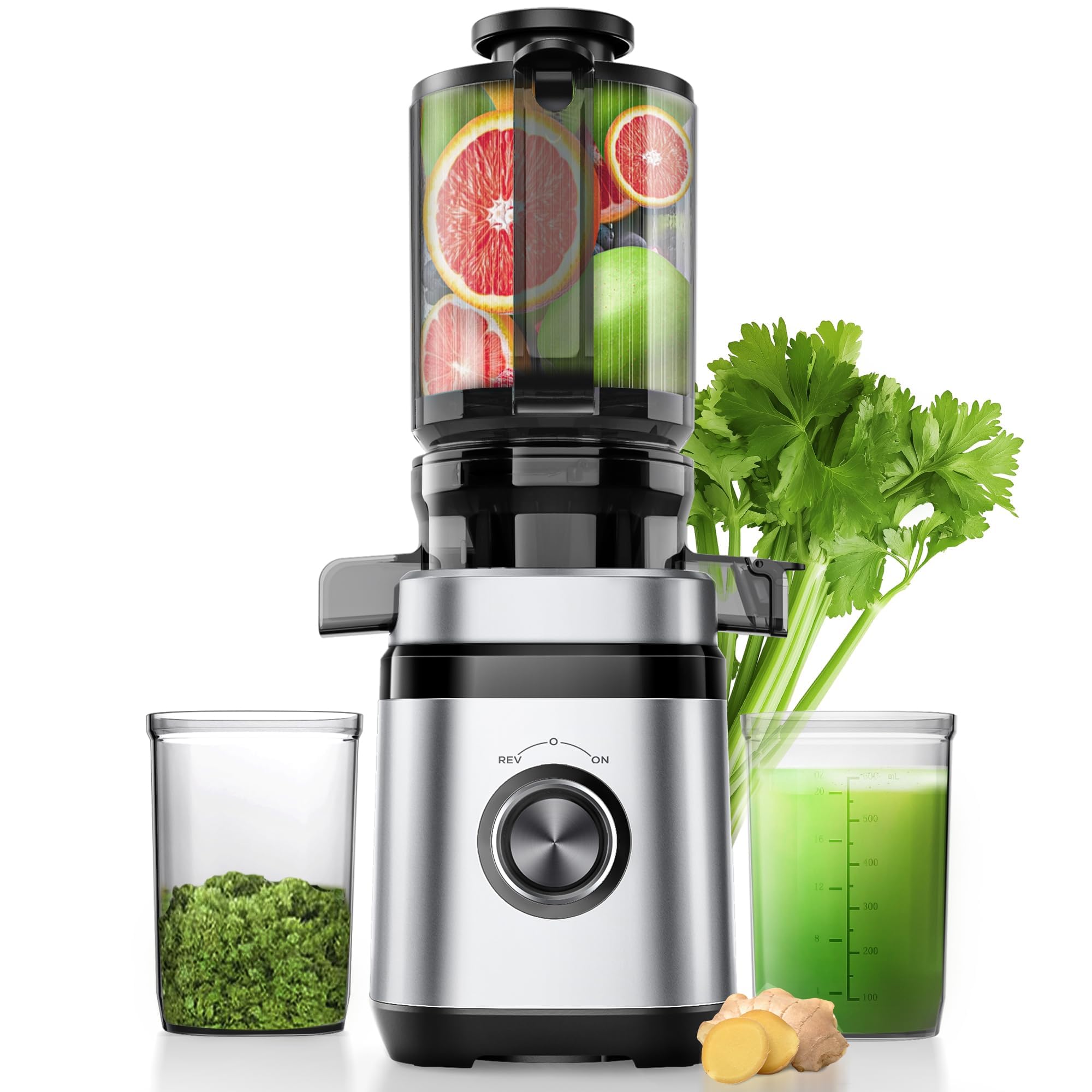 Photo 1 of Juicer Machines, Cold Press Juicer with Wide Feed Chute, Slow Masticating Juicers for Whole Vegetables & Fruits, High Juice Yield, Easy to Clean, Large Auger, Light Silver