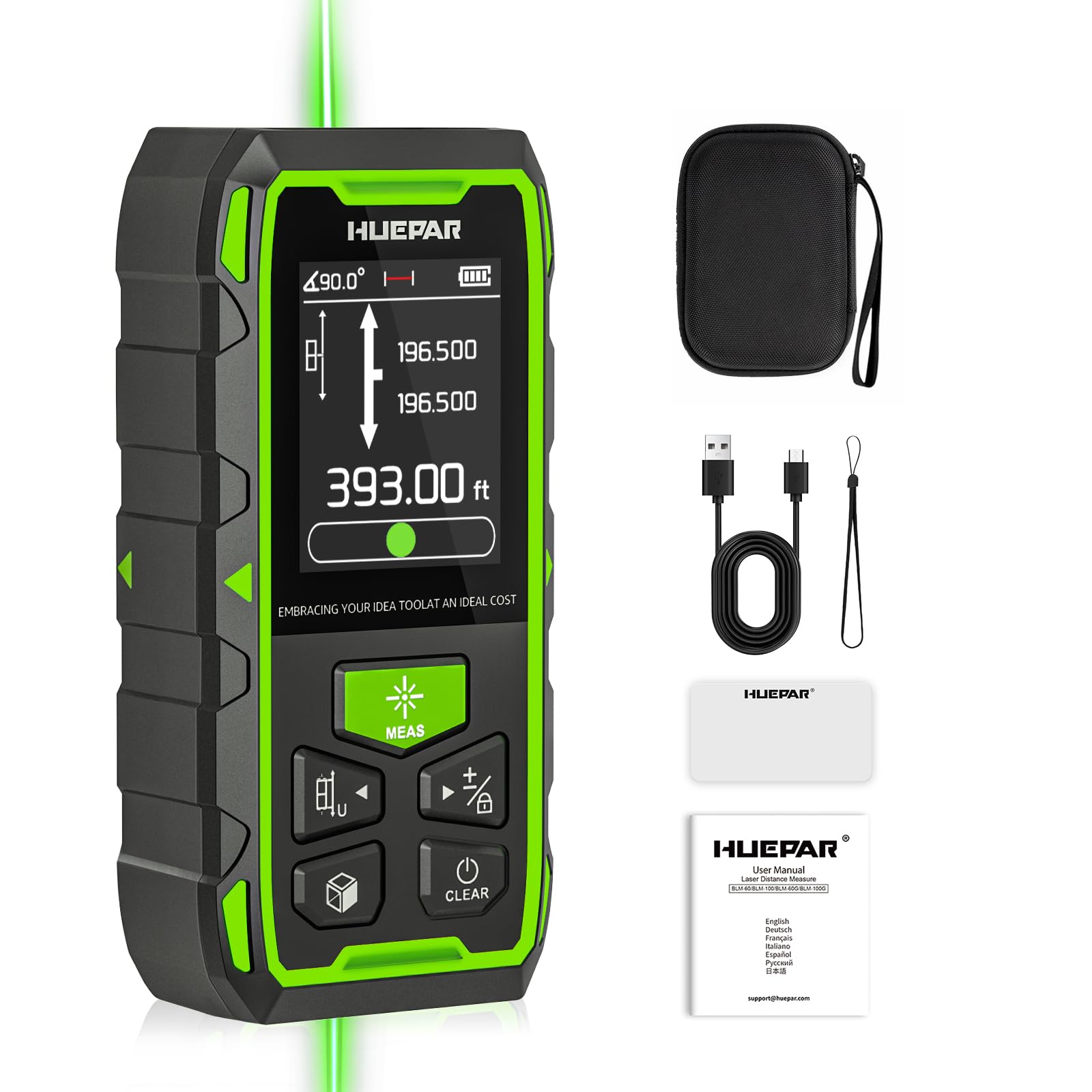 Huepar Bilateral Laser Distance Measure Tool, 393FT/120M Digital Laser Room Measure Devices with LCD Display, Rechargeable Dual Metro Laser Measurement Tool with with Angle Sensor, Magnetic Back