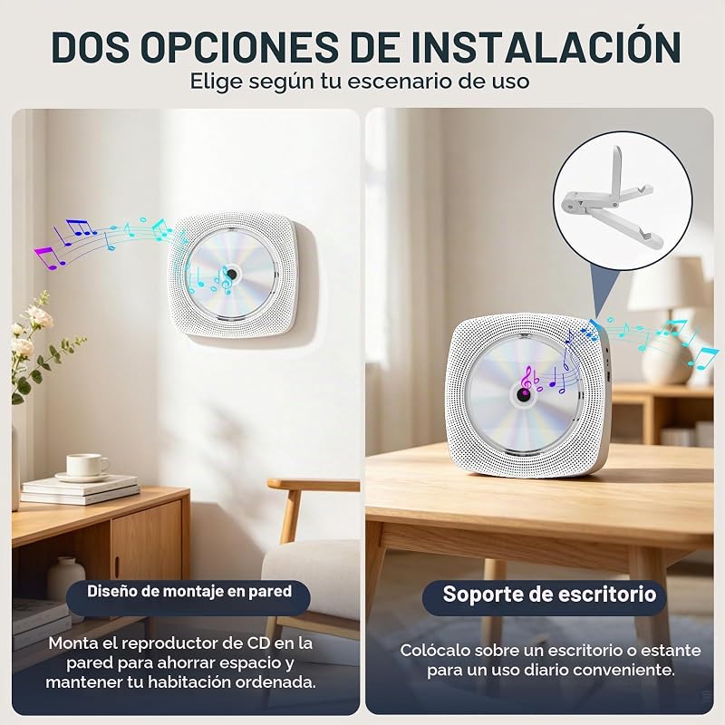 Leitor de CD Bluetooth portátil para casa e exterior, com colunas, bateria recarregável de 4000 mAh, rádio FM, USB, comando remoto, suporte de parede e suporte de mesa