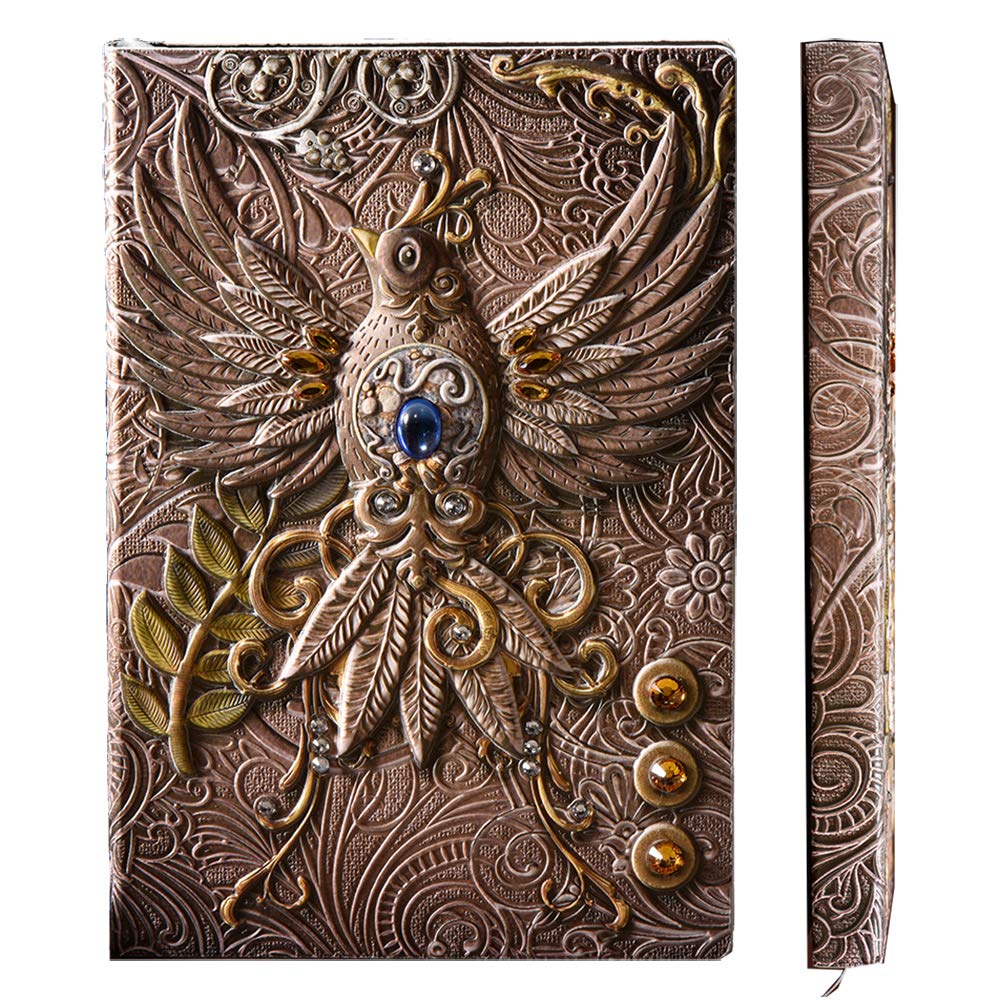 YHH Hardback Notebook A5 Lined, Vintage Leather Journal Notebook, Embossed Handmade Writing Diary, Brown and Ivory Pages Note Book, Xmas Birthday Gift for Women Men Friends Kids, Phoenix3D Colorful