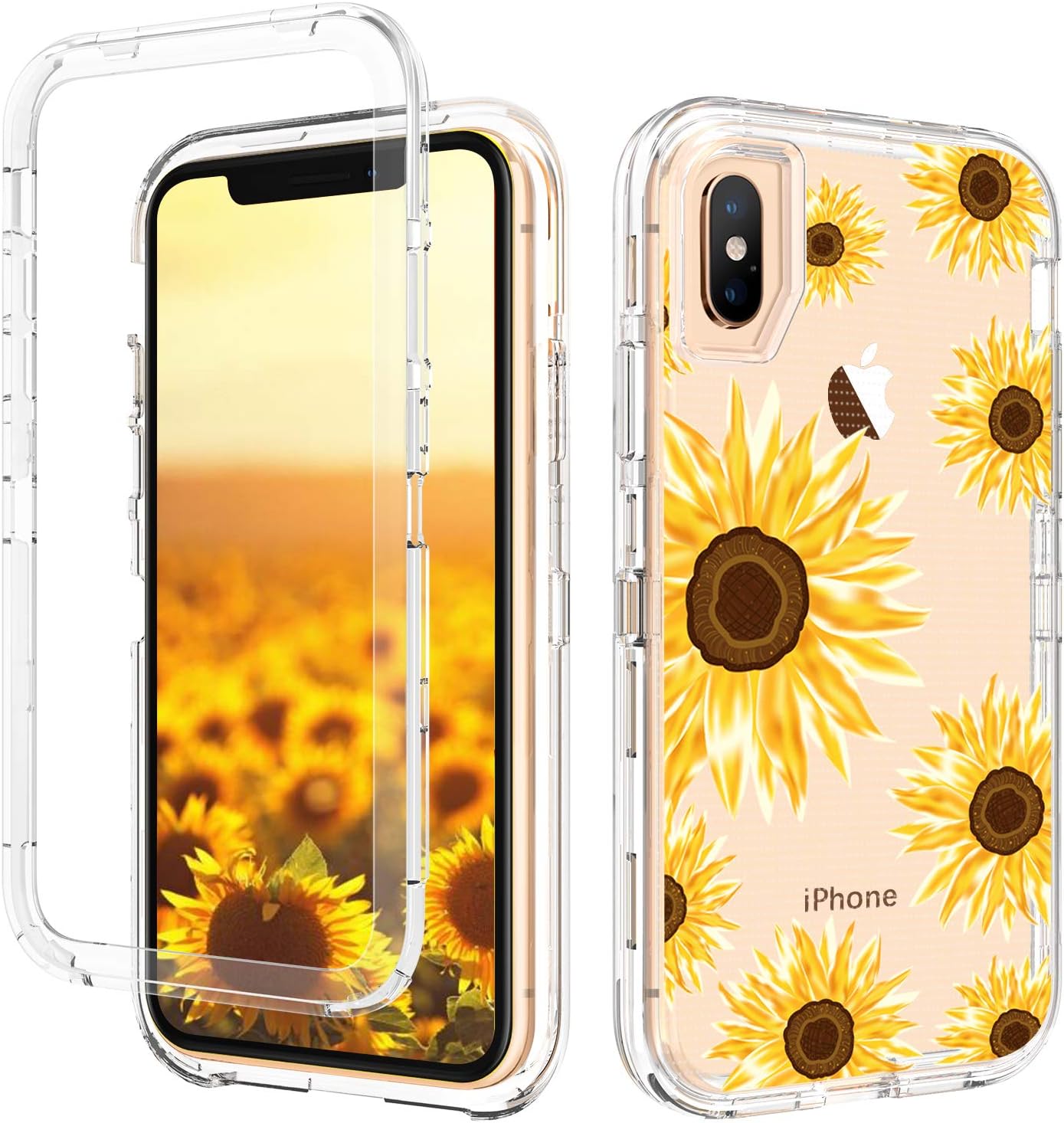 GUAGUA iPhone Xs Case iPhone X Case Sunflower Clear Floral Flowers for Girls Women 3 in 1 Hybrid Hard PC Soft Rubber Cover Shockproof Protective Phone Case for iPhone Xs/X Transparent Yellow