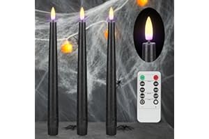 AFINETH Black Flameless Taper Candles with Remote, Real Wax Halloween Candles, 9.6 Inch Battery Operated Led Candlesticks for Party Home Festival Decor, 3 Pack
