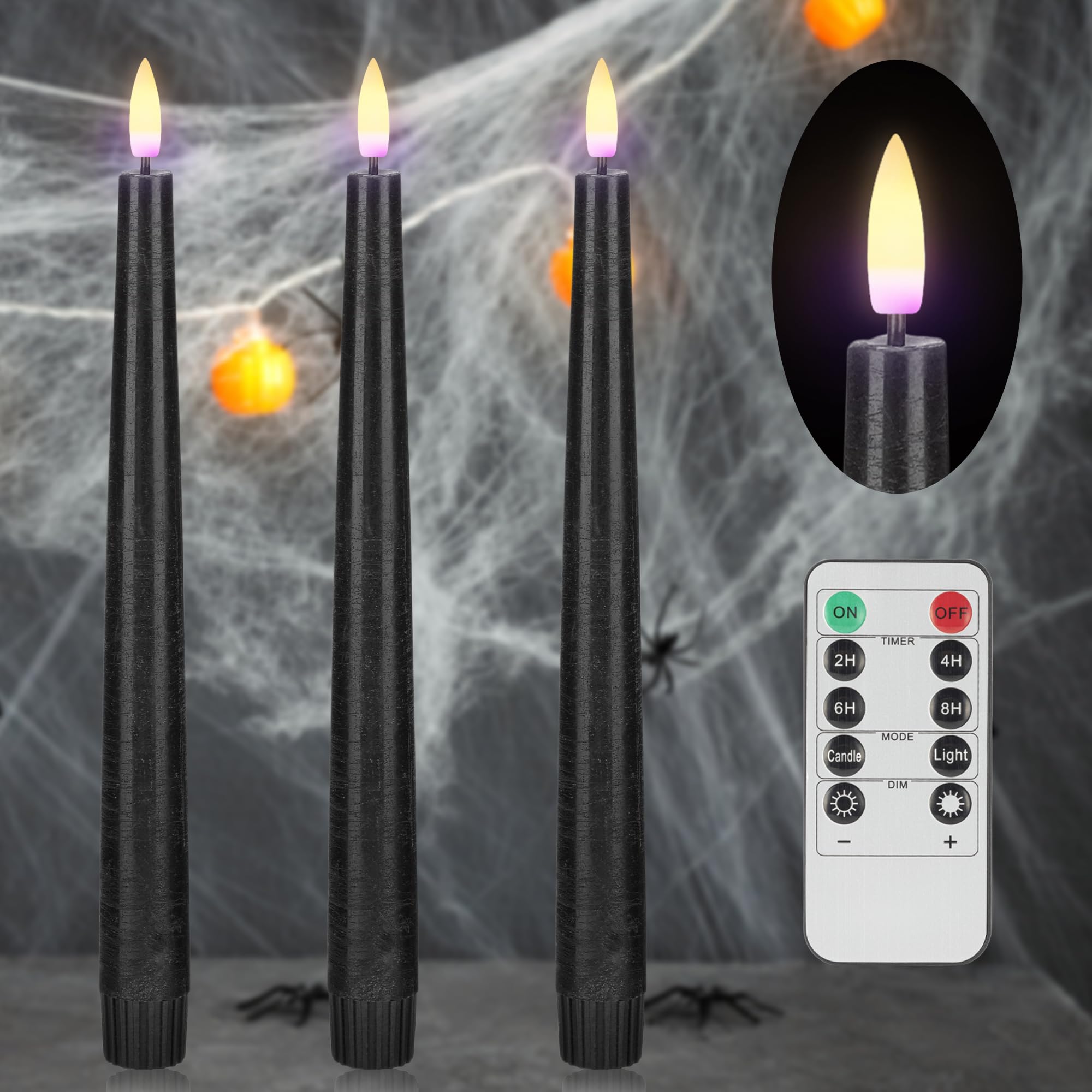 Photo 1 of AFINETH Black Flameless Taper Candles with Remote, Real Wax Halloween Candles, 9.6 Inch Battery Operated Led Candlesticks for Party Home Festival Decor, 3 Pack