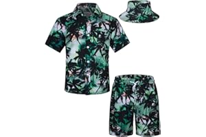 TUNEVUSE Little & Big Boys Hawaiian Button Down Shirts and Short Sets with Bucket Hat Summer Outfits Printed Kids Cabana Set