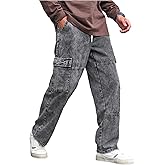 Verdusa Men's Cargo Jeans Streetwear Drawstring Waist Straight Leg Denim Pants with Pockets