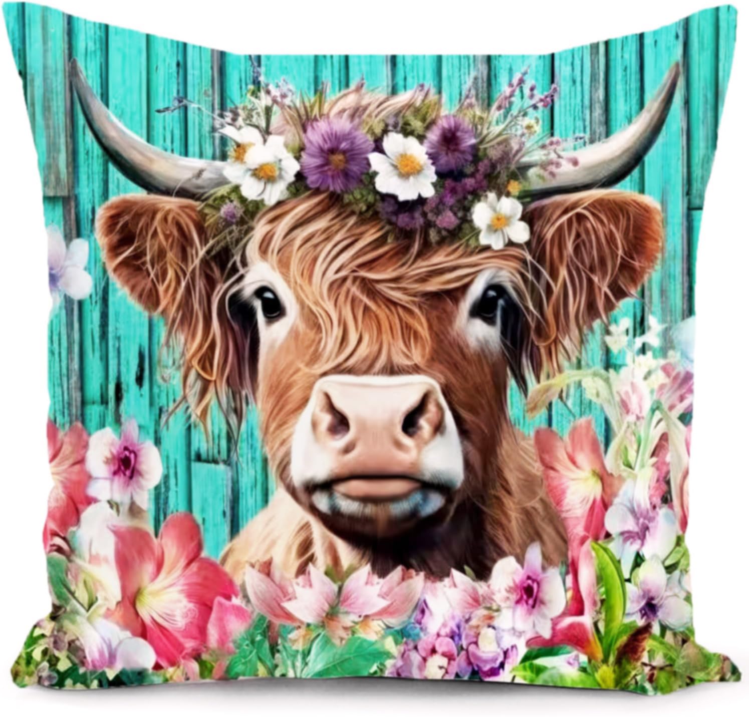 HUASHUZI Cushion Cover Highland Cow Scottish Gifts for Women Throw Pillow Case Decorations Cow Flower Teal Outdoor Home Garden Decor for Livingroom Couch Sofa Patio Furniture18 x18(45x45cm) — image 1