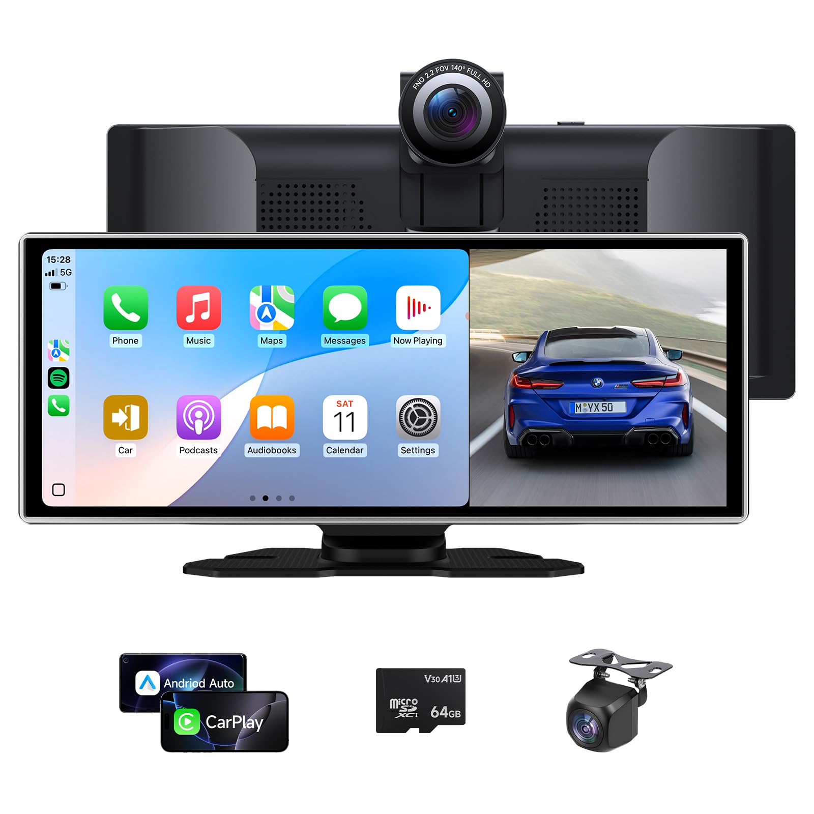 Photo 1 of 11.26'' Carplay Screen for Car with 4K Dash Cam & 1080P Backup Camera, Portable Wireless A-pple Carplay & Android Auto in Cell Touchscreen, GPS Navigation, Bluetooth, Siri, FM, Mirror Link