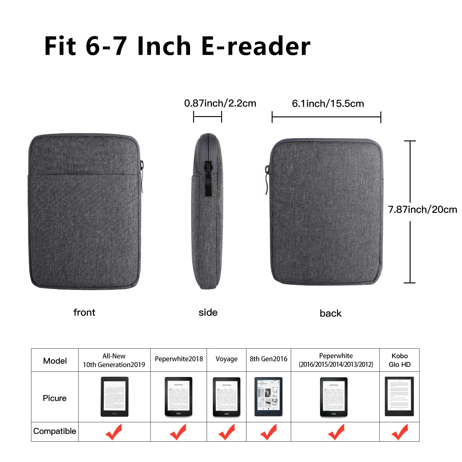 E-Reader Sleeve Case Bag for 6-6.8 inch eBook Reader Tablet Protective Cover Pouch, Blue/Black/Dark Grey (Dark Gray)
