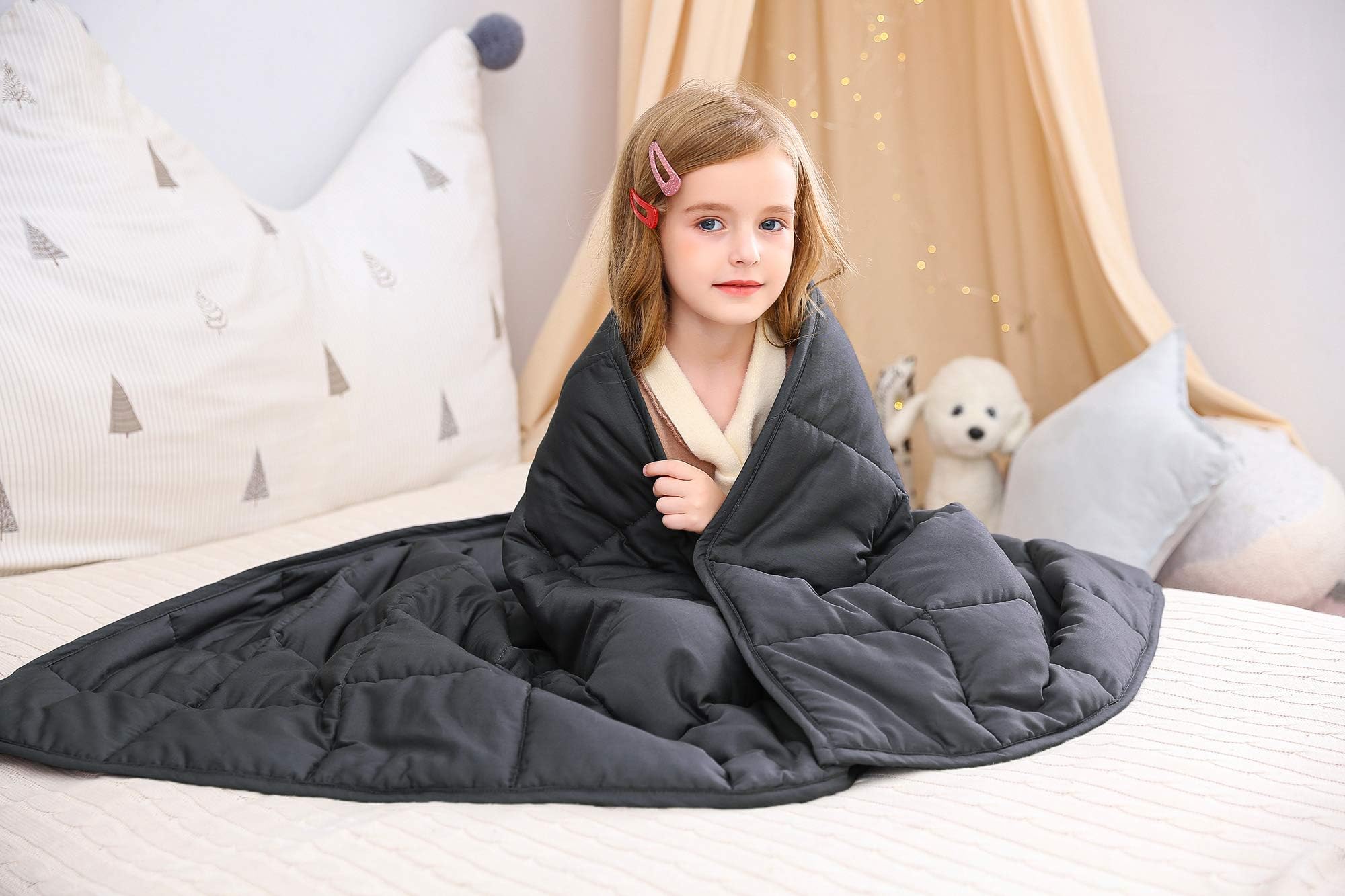 WUCHT Weighted Blanket for Kids (41"x60", 7 lbs) for Individual Between 60-100 lbs, Grey Cotton Heavy Blanket Filled with Glass Beads