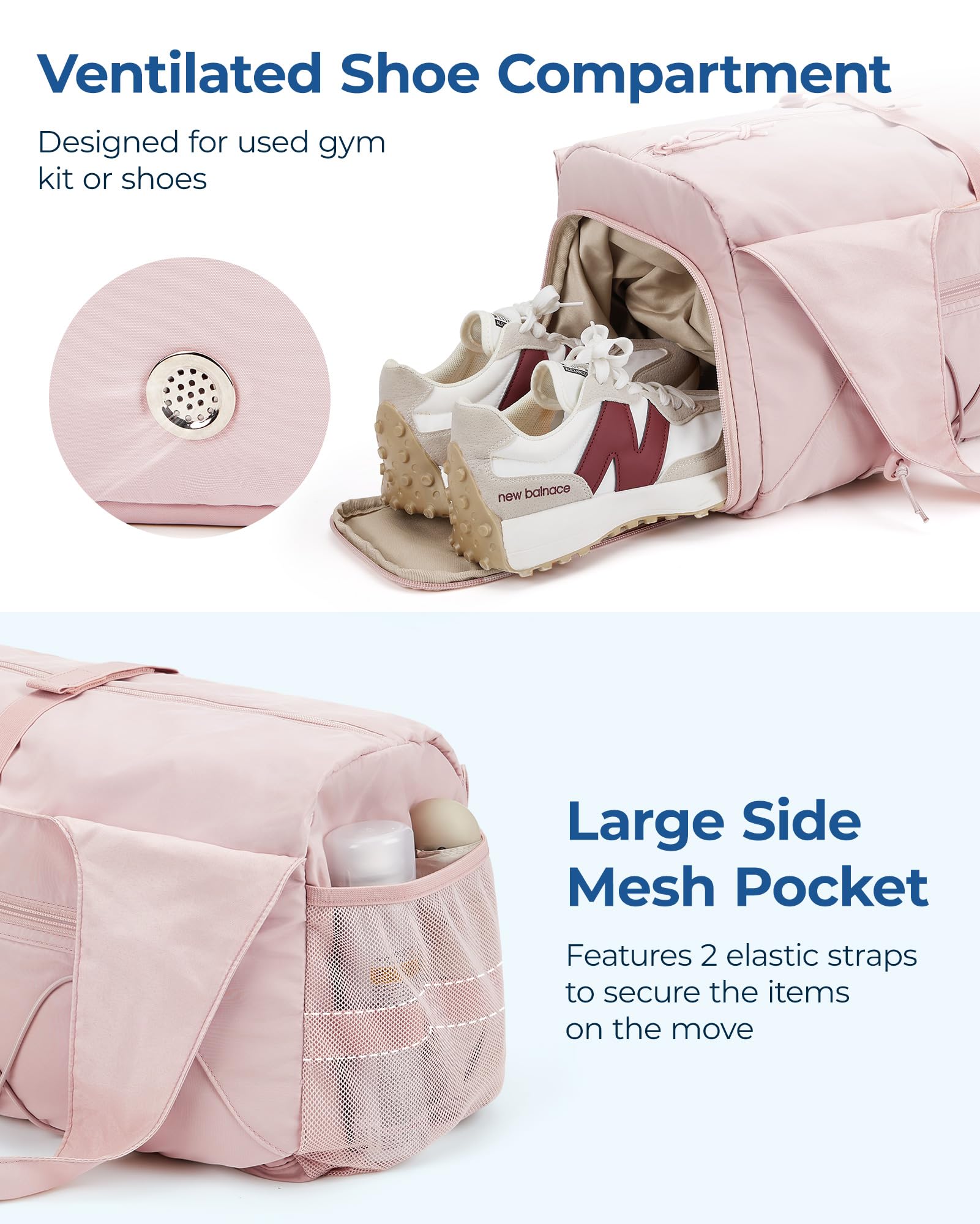 BAGSMART Gym Bag for Women, Lightweight Duffel with Shoe Compartment, Tote Bag with Wet Pocket for Yoga Travel, Pink