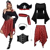 Gumyawl 7 Pcs Women Pirate Costume Renaissance Shirt Medieval Dress with Compass Necklace Medieval Pirate Set