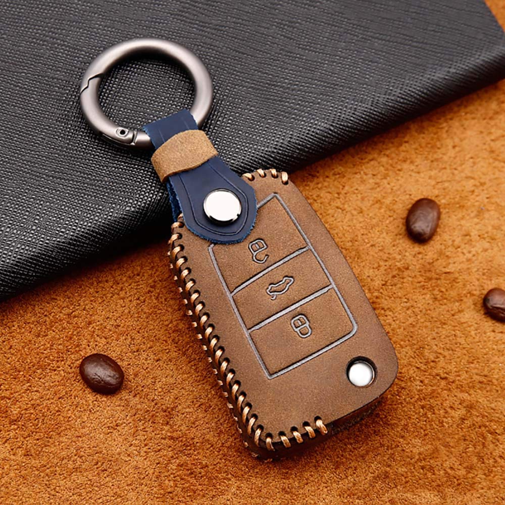 ontto for Volkswagen Car Key Cover Leather Key Fob Cover Holder Protector for VW Golf 7 Mk7 Polo Jetta 4 Touran T-Roc Tiguan Seat Leon 3 Ibiza Octavia 3 Superb 3 Remote Car Key Case Keyring Brown