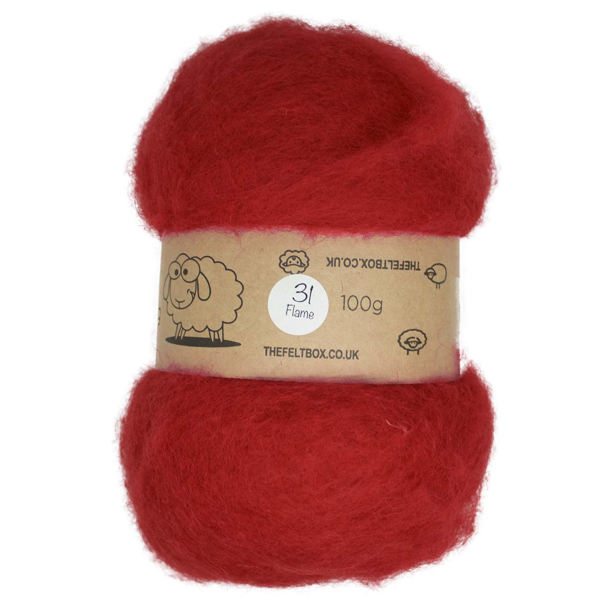 The Felt box Carded Felting Fibre – Flame Red (31) Batt for Needle Felting & Wet Felting100 g- Flame Red #31