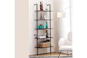Apicizon 5 Tier Ladder Shelf Bookshelf, Industrial Bookshelf with Wood Shelves and Stable Metal Frame, Open Wall Mount Bookcases, Display Shelves for Home Office, Bedroom, Balcony, Bathroom, Black