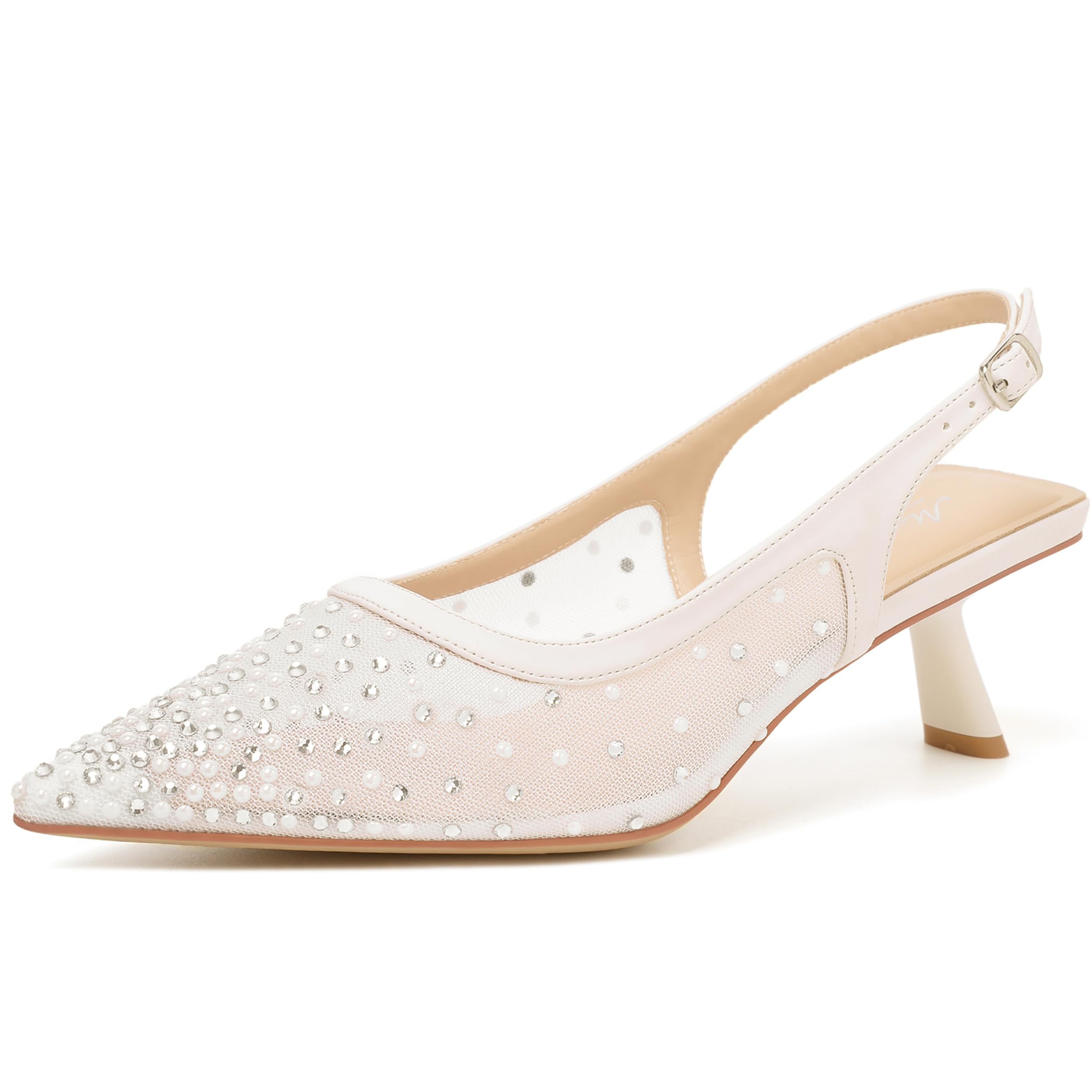 Mostrin Beige Kitten Heels for Women with Pearl Studded Pointed Toe Slingback Low Heels Rhinestone Dressy Pumps Shoes for Party Size 10 Image