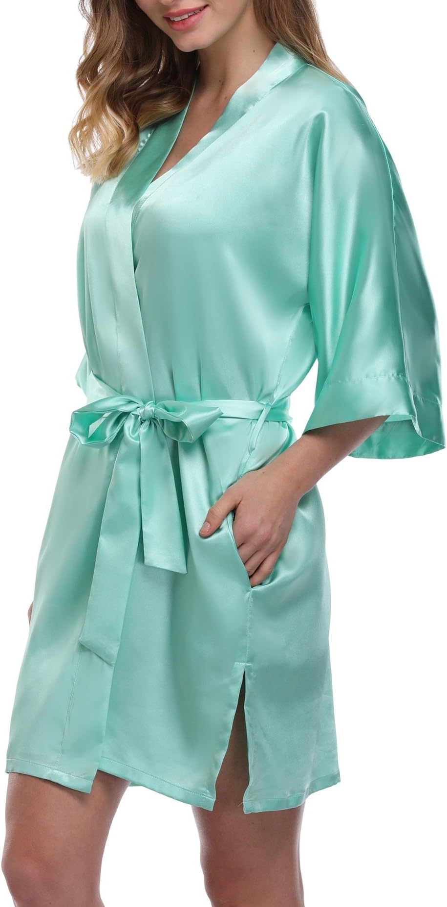 Women's Short Kimono Robe Pure Color Silky Bathrobe Bridal Party Dressing Gown