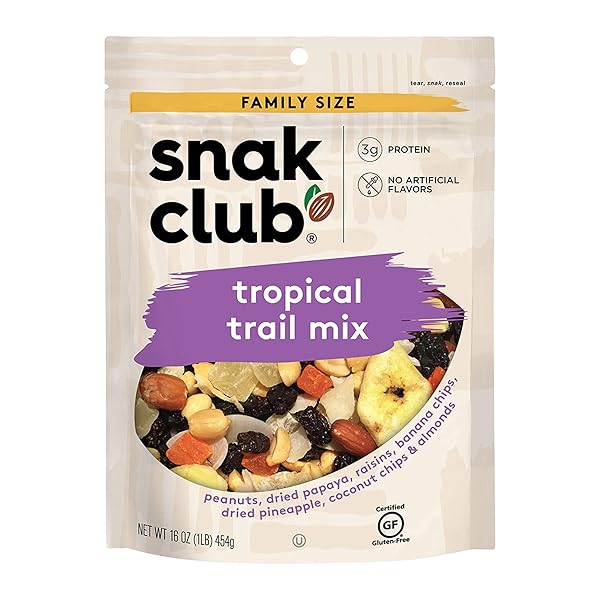 SNAK CLUB TROPICAL TRAIL MIX WITH PEANUTS, DRIED PAPAYA, RAISINS, BANANA CHIPS, DRIED PINEAPPLE, COCONUT CHIPS, AND ALMONDS, GLUTEN-FREE AND KOSHER SNACK, 16 OZ RESEALABLE BAG