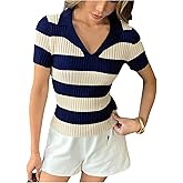 OYOANGLE Women's Color Block Striped Collared V Neck Sweater Short Sleeve Ribbed Work Dressy Knit Tops