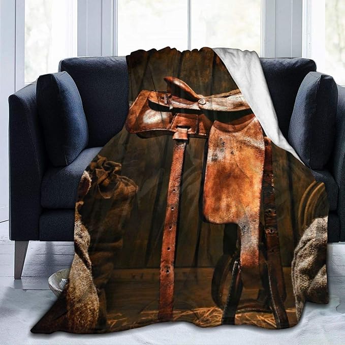 QINCO Throw Blanket Soft Warm,American West Legend Rodeo Cowboy Brown Leather Western Saddle In