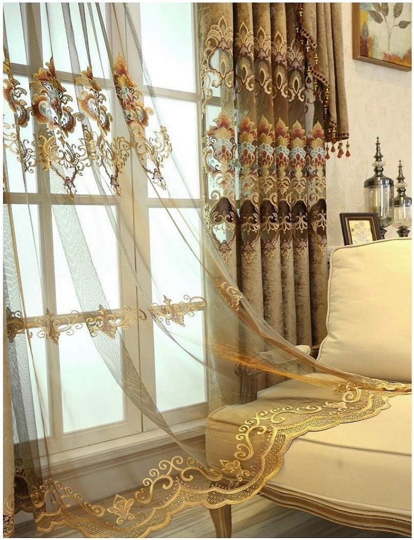 TIYANA Brown Embroidered Sheer Curtains for Villa 84 inch Long Luxury Embroidery Screening Sheer Tulle Voile Embroidered Gauze Curtains for Bedroom, Custom Made Size & Valance, 1 Piece 114x84 inch