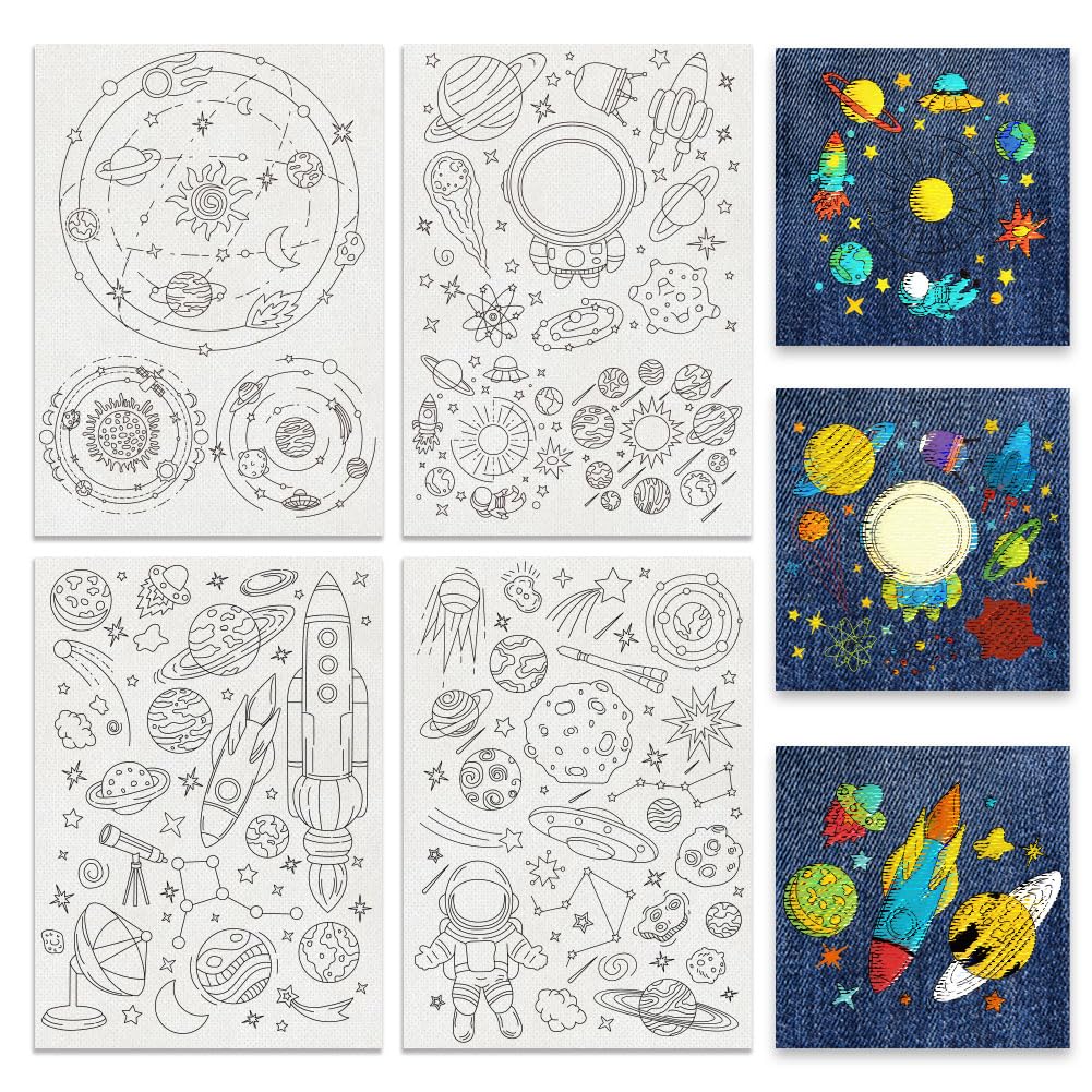 BENECREAT 4Sheets A4 Water Soluble Stabilizers, Planet Space Astronomy Themes Combo Embroidery Paper Tear Away Stick and Stitch Stabilizers for Embroidery Sewing Lover, 297x210mm