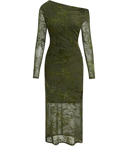 CIDER Women's Long Sleeve Maxi Dress Asymmetrical Ruffle Hem Bodycon Evening Party Dress Brown : Clothing, Shoes & Jewelry