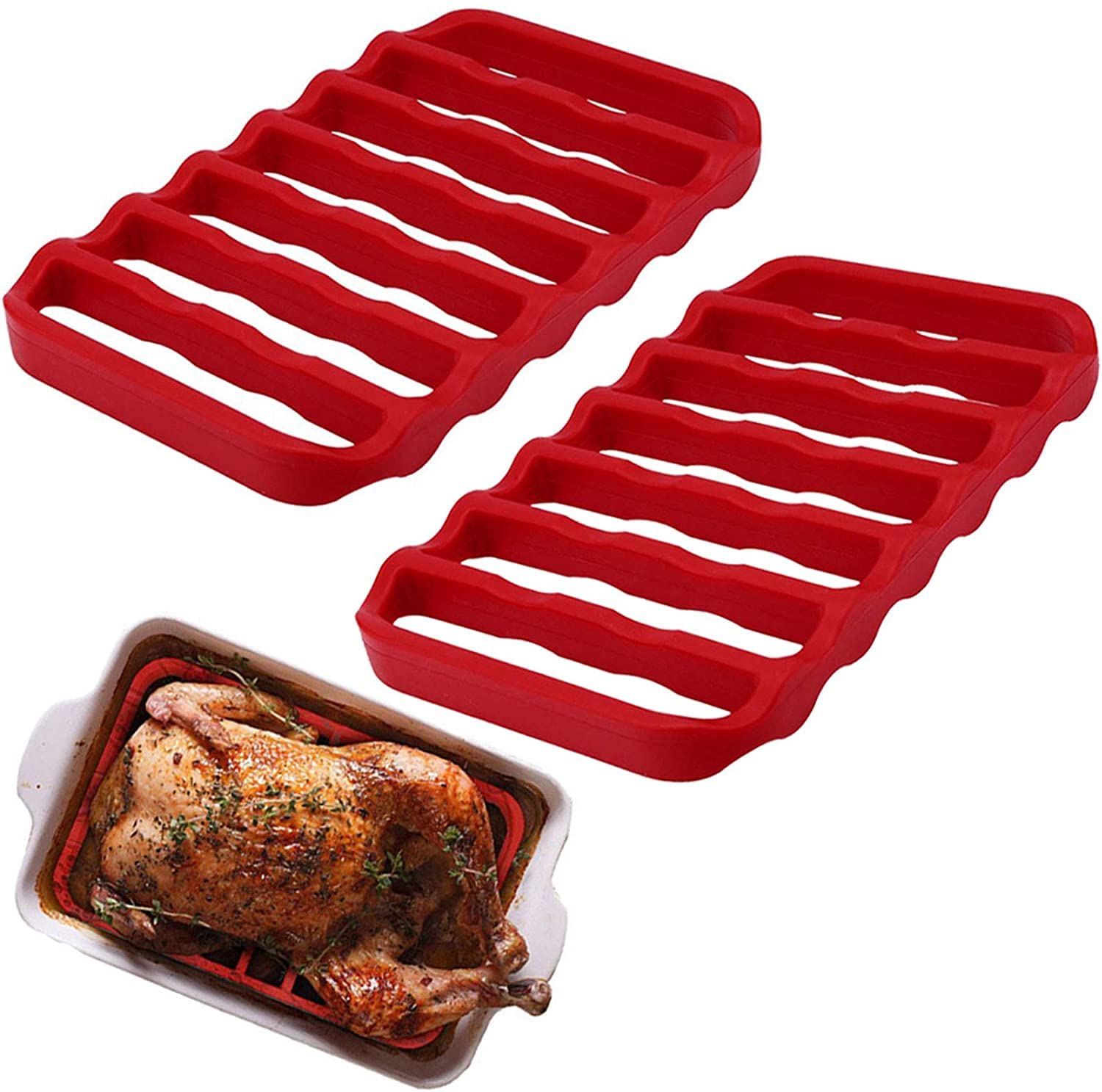 Geekbuzz 2Pack Non Stick Silicone Oven & Dishwasher Safe Roasting Rack Grill Slow Cooker Cooling Rack BBQ Accessories (Rectangle)