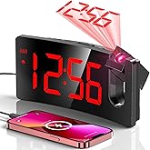 Projection Alarm Clock, Digital Clock with 180° Rotatable Projector, 3-Level Brightness Dimmer, Clear LED Display, USB Charge