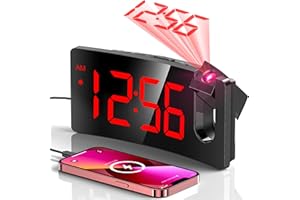 Projection Alarm Clock, Digital Clock with 180° Rotatable Projector, 3-Level Brightness Dimmer, Clear LED Display, USB Charge