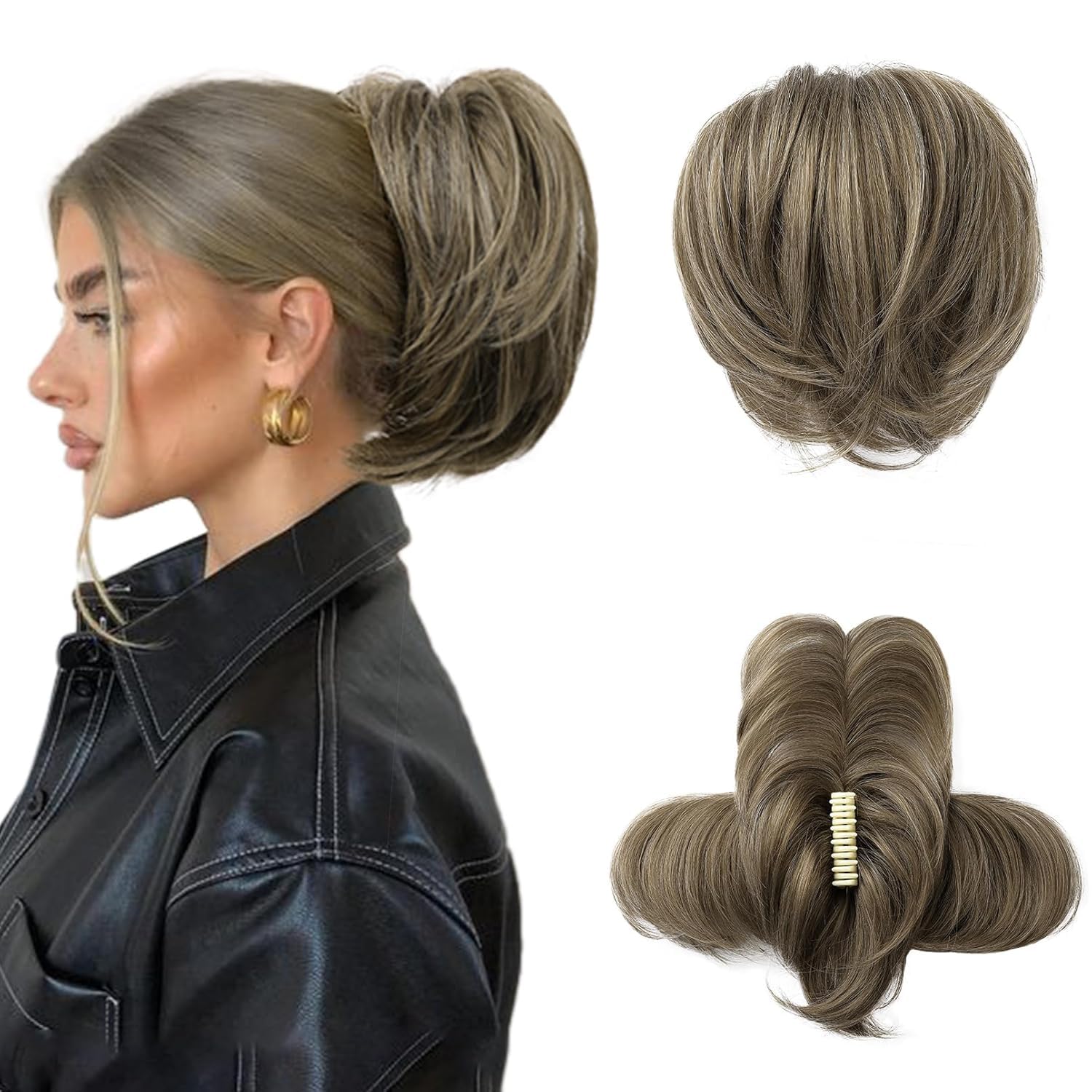 PORSMEER Short Chocolate Brown Ash Blonde Highlights Ponytail Hair Extension Claw Clip in Straight Messy Hair Bun with Bendable Metal Wire Hair Pieces for Women, Fake Pony Tail DIY Styles
