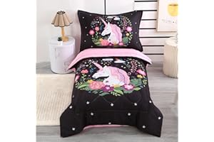 Wowelife Unicorn Toddler Bedding Set for Girls, 4 Piece Unicorn Bed Sets Black Rainbow Floral Bed in a Bag, Toddler Comforter Set Stars with Comforter, Flat Sheet, Fitted Sheet and Pillowcase