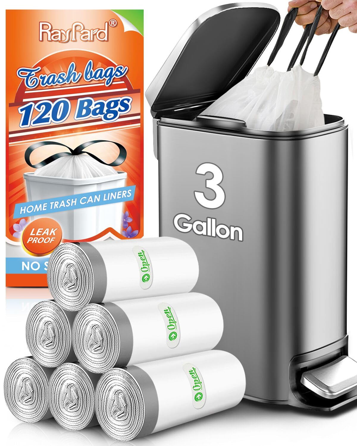 Photo 1 of 3 Gallon 120 Counts Strong Drawstring Trash Bags Garbage Bags by RayPard, Code C, Small Trash Can Liners for Home Office Kitchen Bathroom Bedroom,White Waste Basket Liners