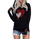 BOMYTAO Valentine's Hoodie for Women Love Heart Graphic Print Buffalo Plaid Long Sleeve T-Shirt Valentine Holiday Pullover