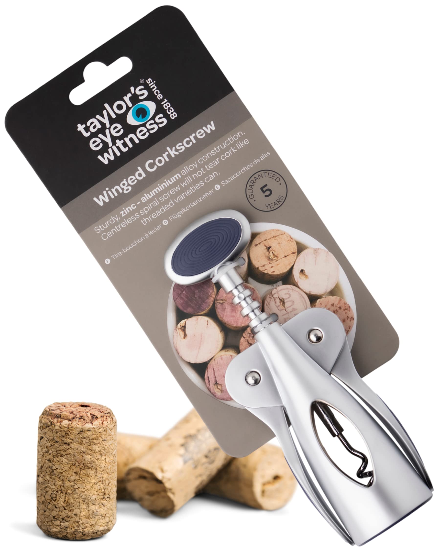 Spiral Corkscrew Wine Bottle Opener - by Taylors Eye Witness, Easy to Use, Guaranteed to Cleanly Remove Cork Without Tearing, Dishwasher Safe, Essential Kitchen Gadget for Wine Lovers, Denim Blue