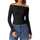 QINSEN Womens Off Shoulder Long Sleeve Tops Ruched Going Out Crop Slim Fitted Double Lined Shirts