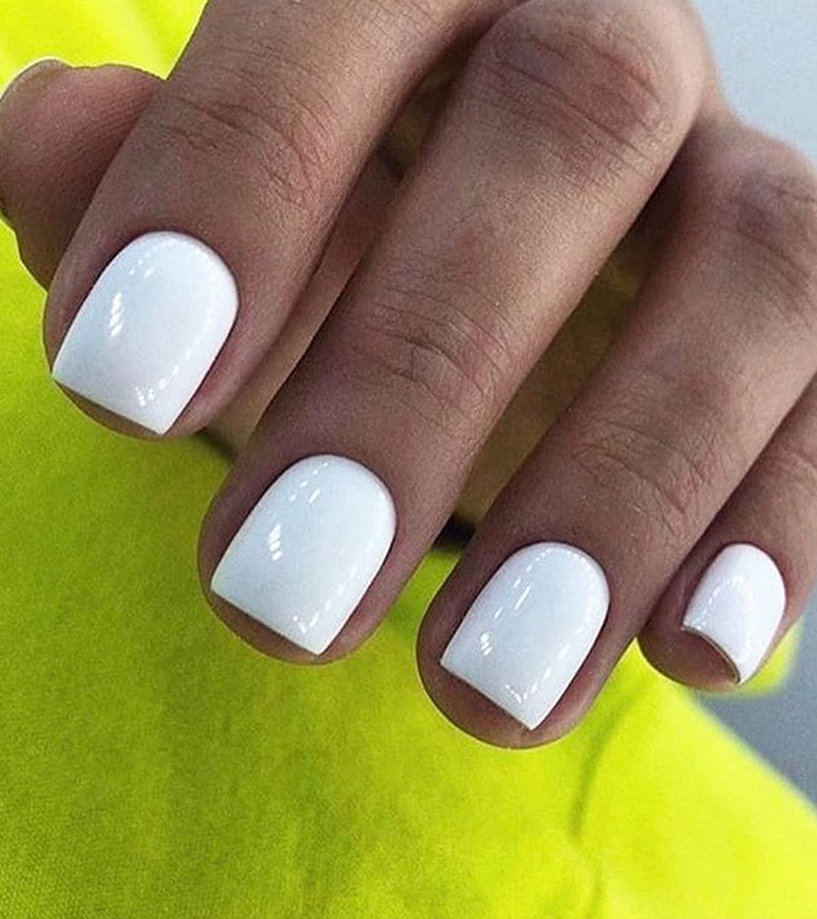 Morily Press on Nails - White Fake False Nails Short Square for Women, Solid Color Glossy Squoval Stick on Fingernails with Adhesive Tabs - 24Pcs in 12 Sizes