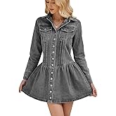 EZAPINE Womens Denim Mini Dress Button Down Long Sleeve Lapel Collared Vintage Retro Jean Dress