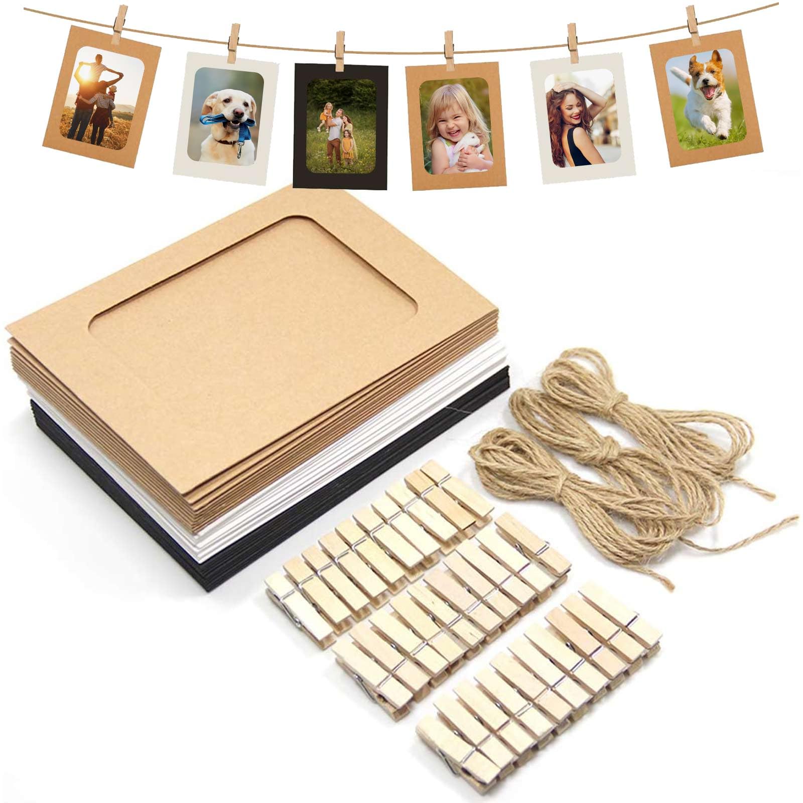 BetterJonny 30pcs Paper Photo Frame, 6 Inch DIY Creative Retro Kraft Paper Picture Mats with Mini Wooden Clips and Hemp Ropes for Home Room Wall Decor 3 Colors