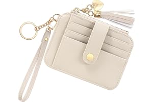 KOTORA Small Card Case Womens Wristlet Keychian Card Holder Cash Coin Purse Girls Cute Tassel Wallet Slim Front Pocket Zip Wallets (Beige)