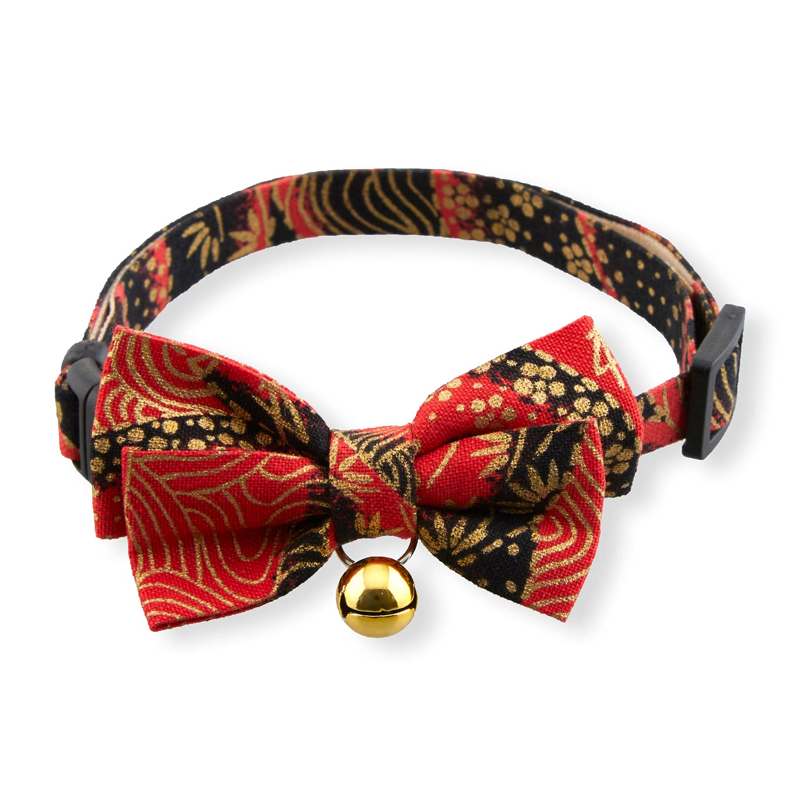 Gilded Gold Bow Tie Cat Collar (Red) with Bell Safety Breakaway Soft Lightweight for Cats Kitty Kitten Japanese Stylish Pattern, No.1 Seller in Japan
