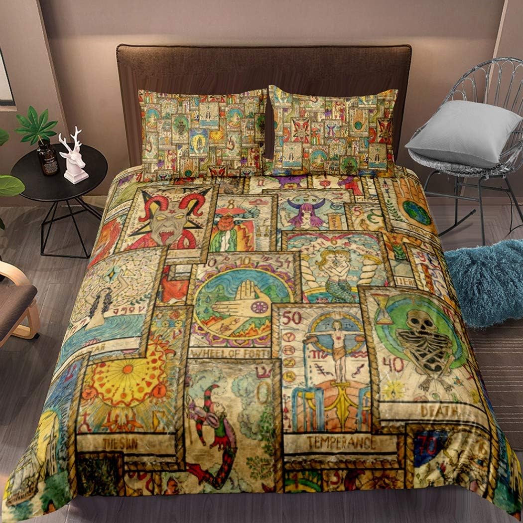 MOUMOUHOME Mysterious 3D Retro Bedding Sets Witch Wiccan Fortune-Telling Elements Tarot Cards Pattern Duvet Cover Sets Twin Size 2 Pieces with Zipper for Kids Teens Adults No Comforter