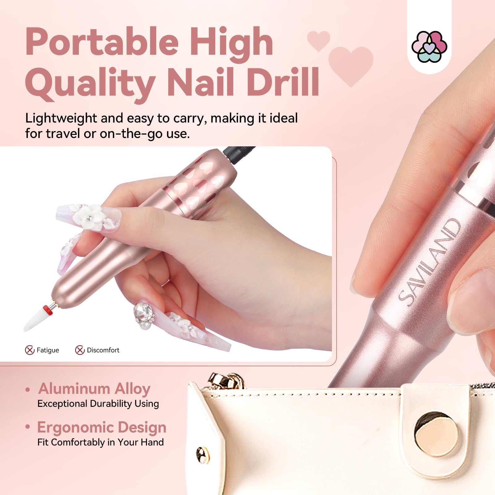 SAVILAND Acrylic Electric Nail Drill : Exclusive Love Series Portable Efile Nail Drill Machine Professional Complete Drill Bits for Remove Acrylic Nails Manicure & Toenails Nail Care Home Salon DIY - Image 3
