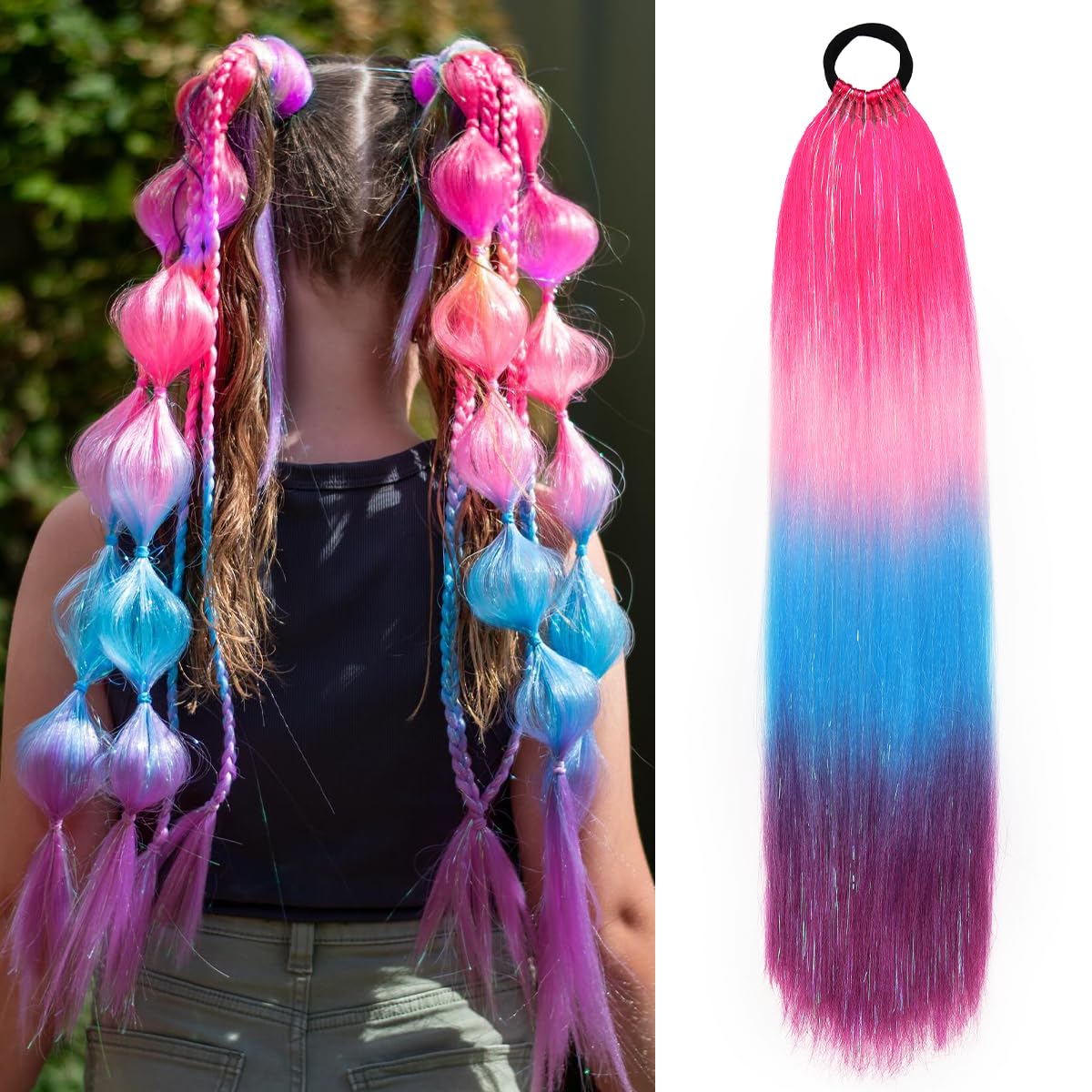 Rainbow Ponytail Extensions With Hair Tie 1 Packs 100g Coloured Hair Extensions for Braiding 26 inch Colorful Ombre Mermaid Pony Tail Synthetic Hair Extensions for Girl Women (#4-23)