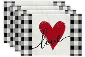 ARKENY Valentines Day Placemats 12x18 Inches Set of 4, Love Heart Seasonal Farmhouse Burlap Buffalo Plaid Indoor Kitchen Anniversary Wedding Dining Table Decorations for Home Party AP024-18